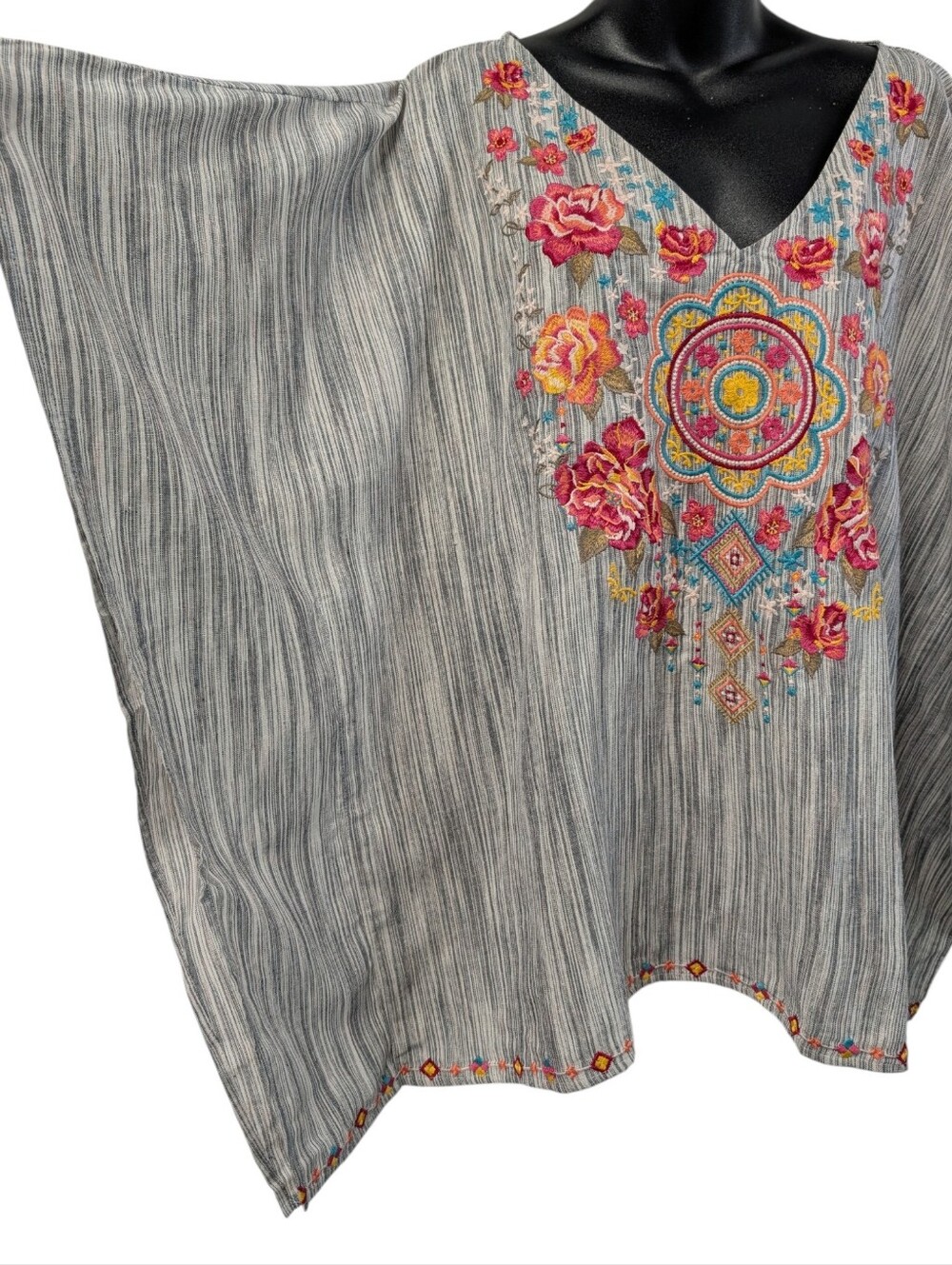 Savanna Jane Embroidered Floral Striped Poncho Top Boho V-Neck 1X/2X - Picture 4 of 10